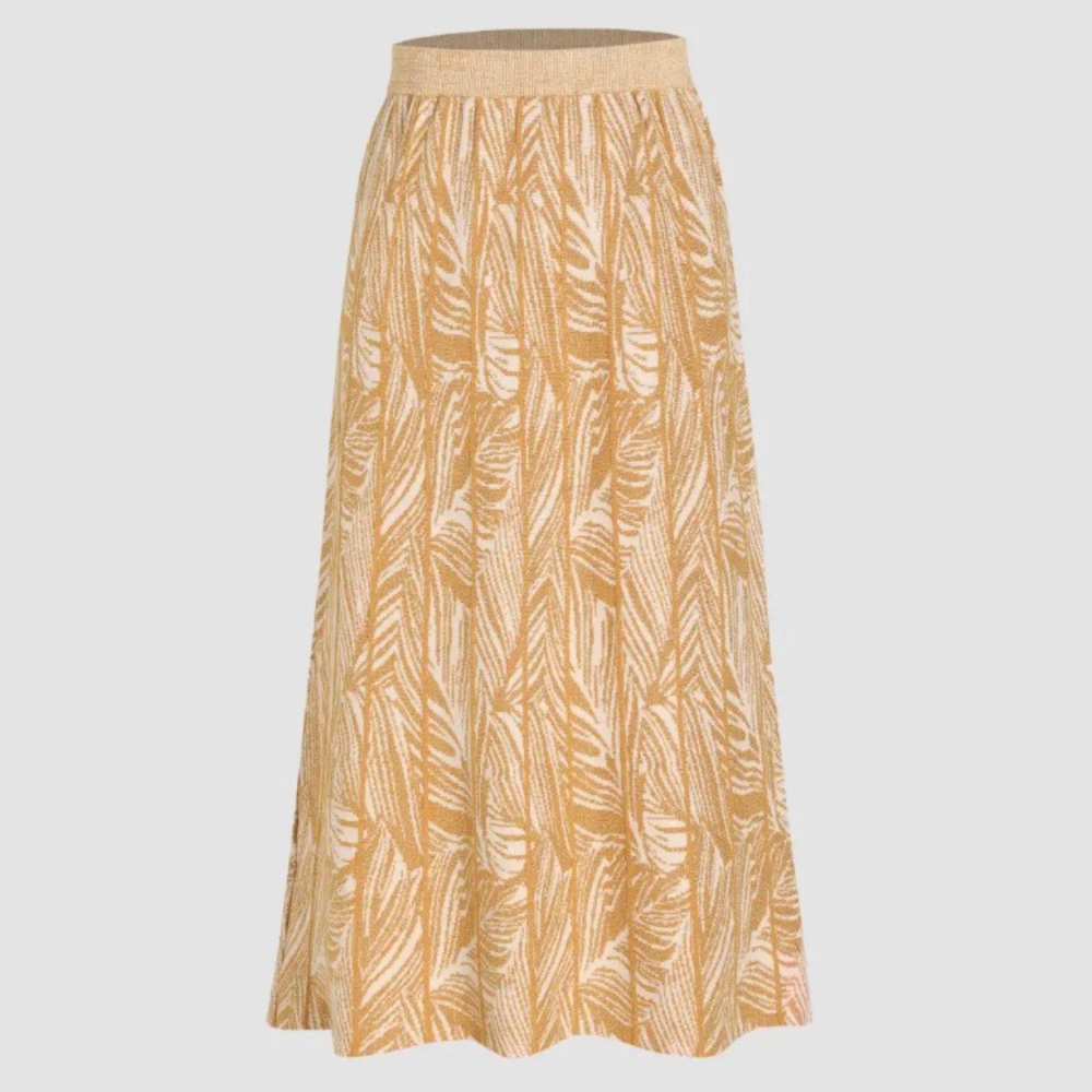 Midi-Length Skirt, Gold & Cream with Metallic Details & Leaf Print, Stretch